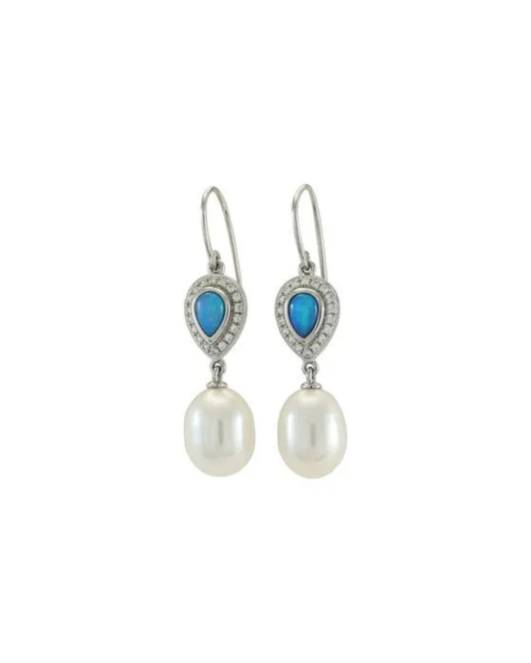 Dangle earrings featuring a teardrop-shaped blue opal surrounded by small stones, hanging above a teardrop pearl.