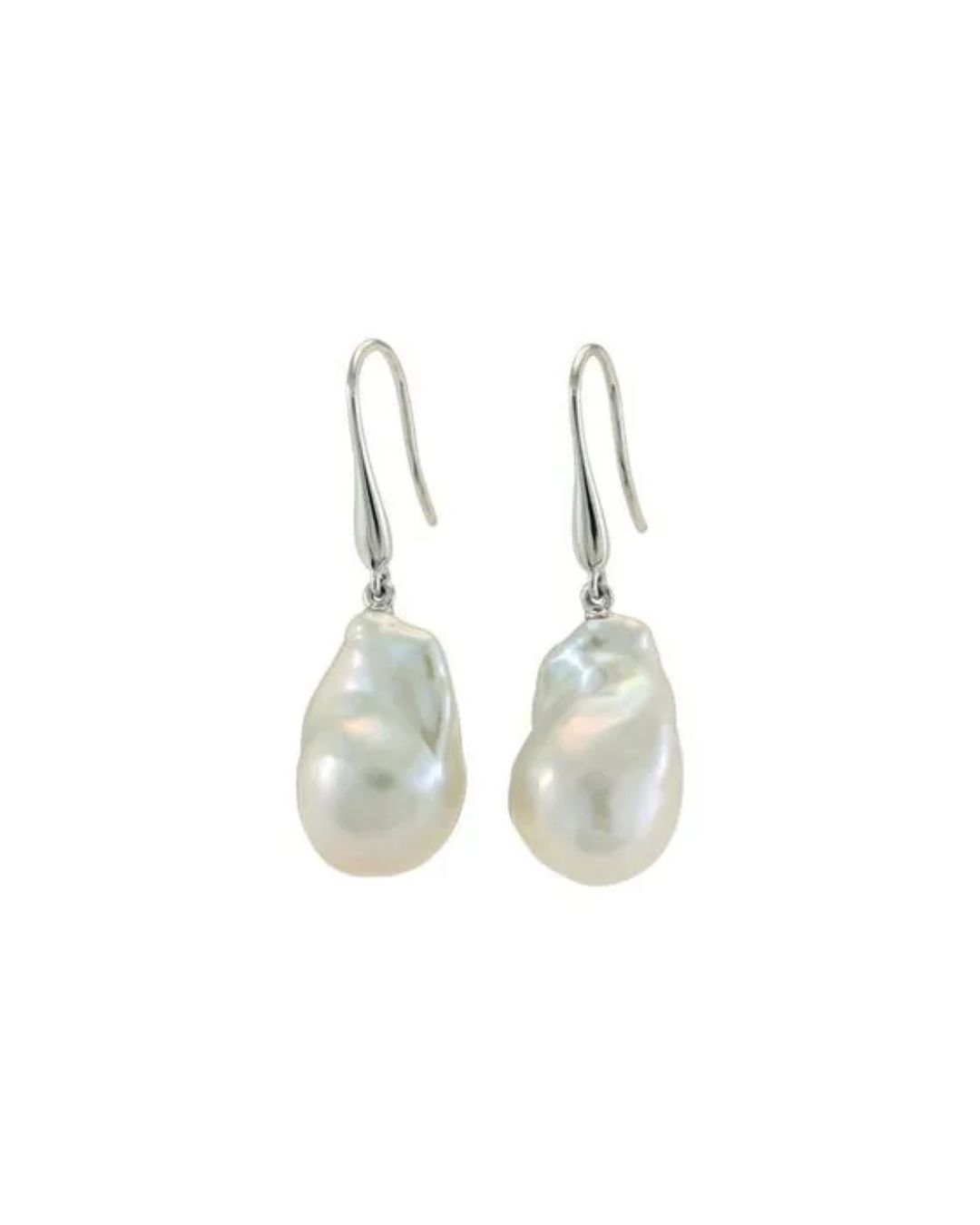A pair of silver drop earrings featuring large, irregular white baroque pearls hanging from simple hooked wires.