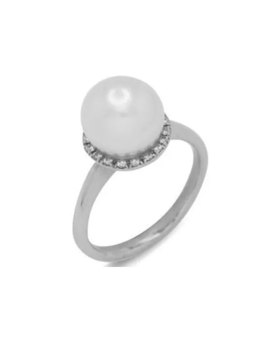 A silver ring featuring a round white pearl set atop a halo of small, sparkling diamonds.