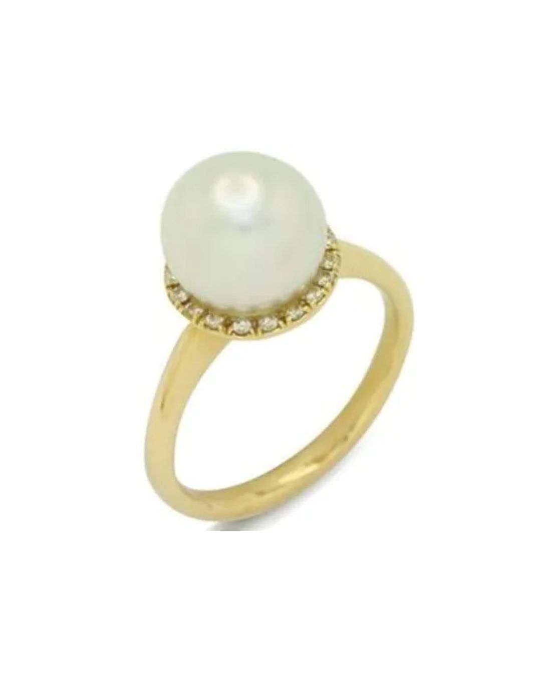 A gold ring featuring a large white pearl surrounded by a delicate halo of small diamonds.