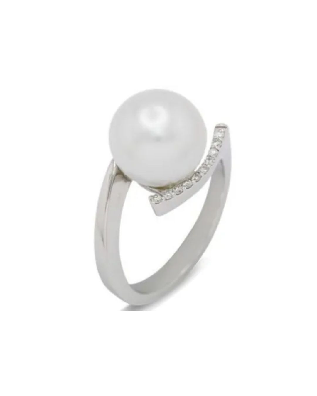 A silver ring featuring a large white pearl and a curved band set with small sparkling diamonds.
