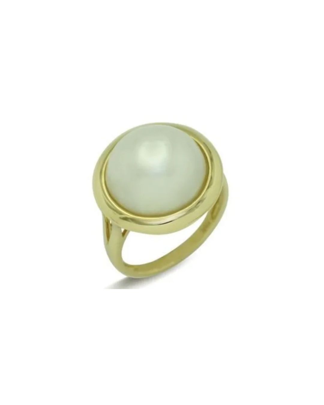 A gold ring featuring a large, smooth, round white pearl set in a polished gold band.