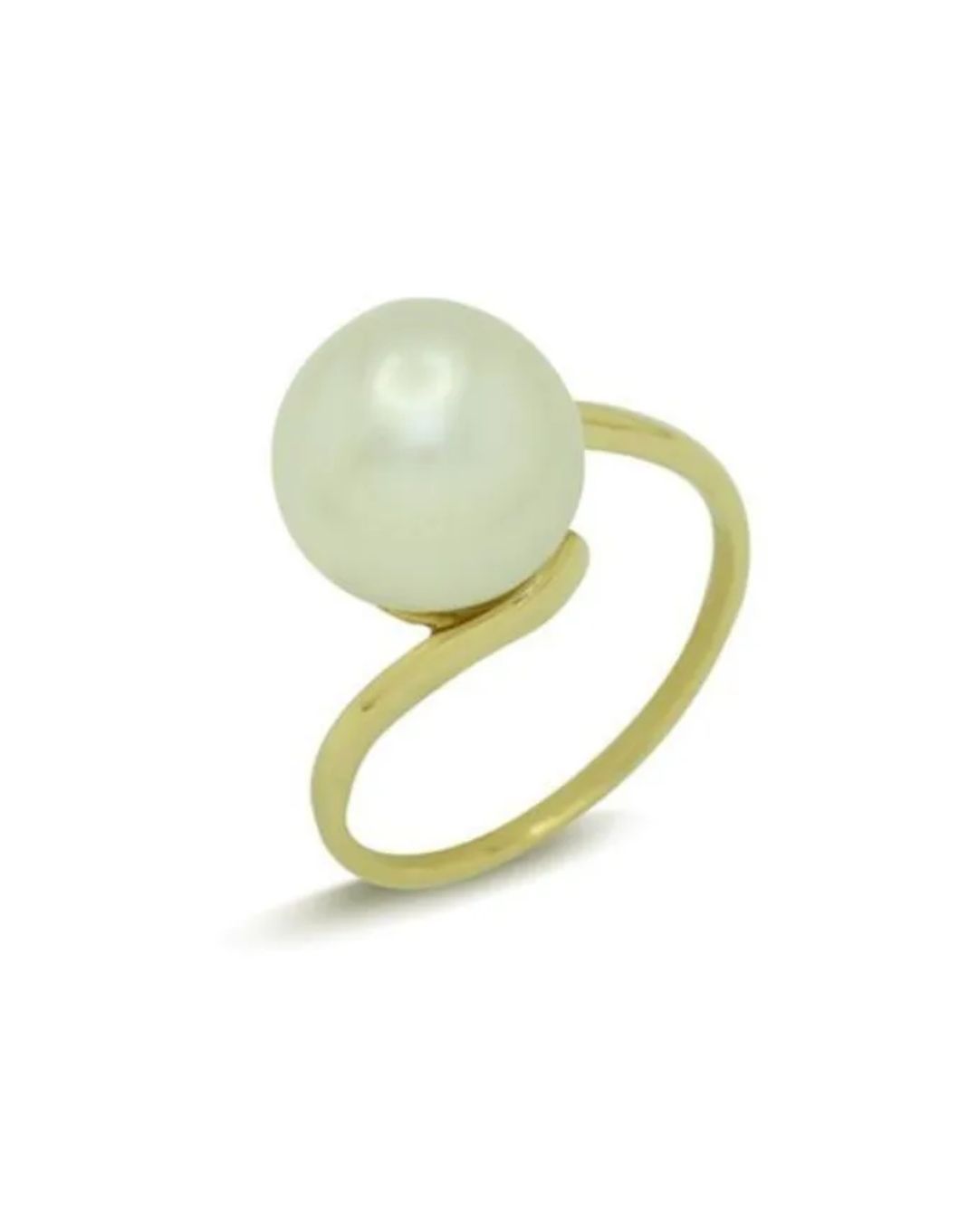A smooth, cream-colored pearl set on a minimalist, bypass-style gold ring against a white background.