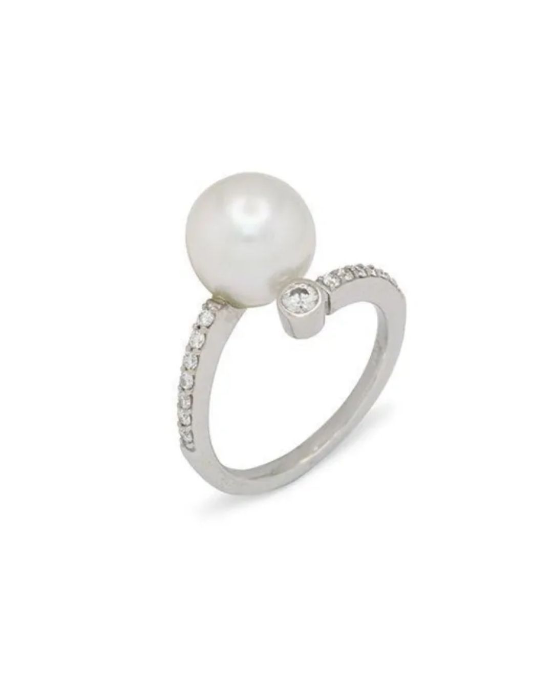 A silver open ring featuring a white pearl on one end and a small circular diamond on the other, set on a pavé band.