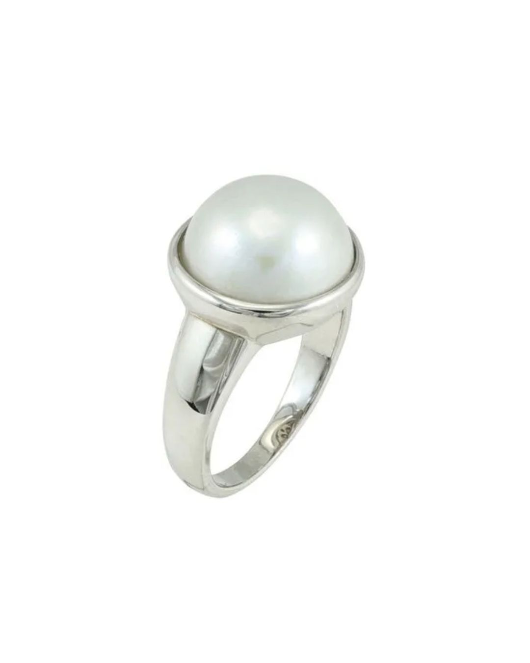 A smooth, white, round pearl set in a polished silver band against a white background.