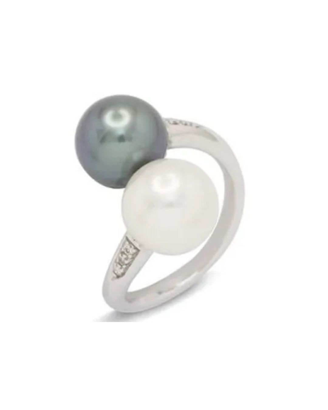 A sterling silver ring featuring one dark gray pearl and one white pearl, accented with small clear stones on the band.