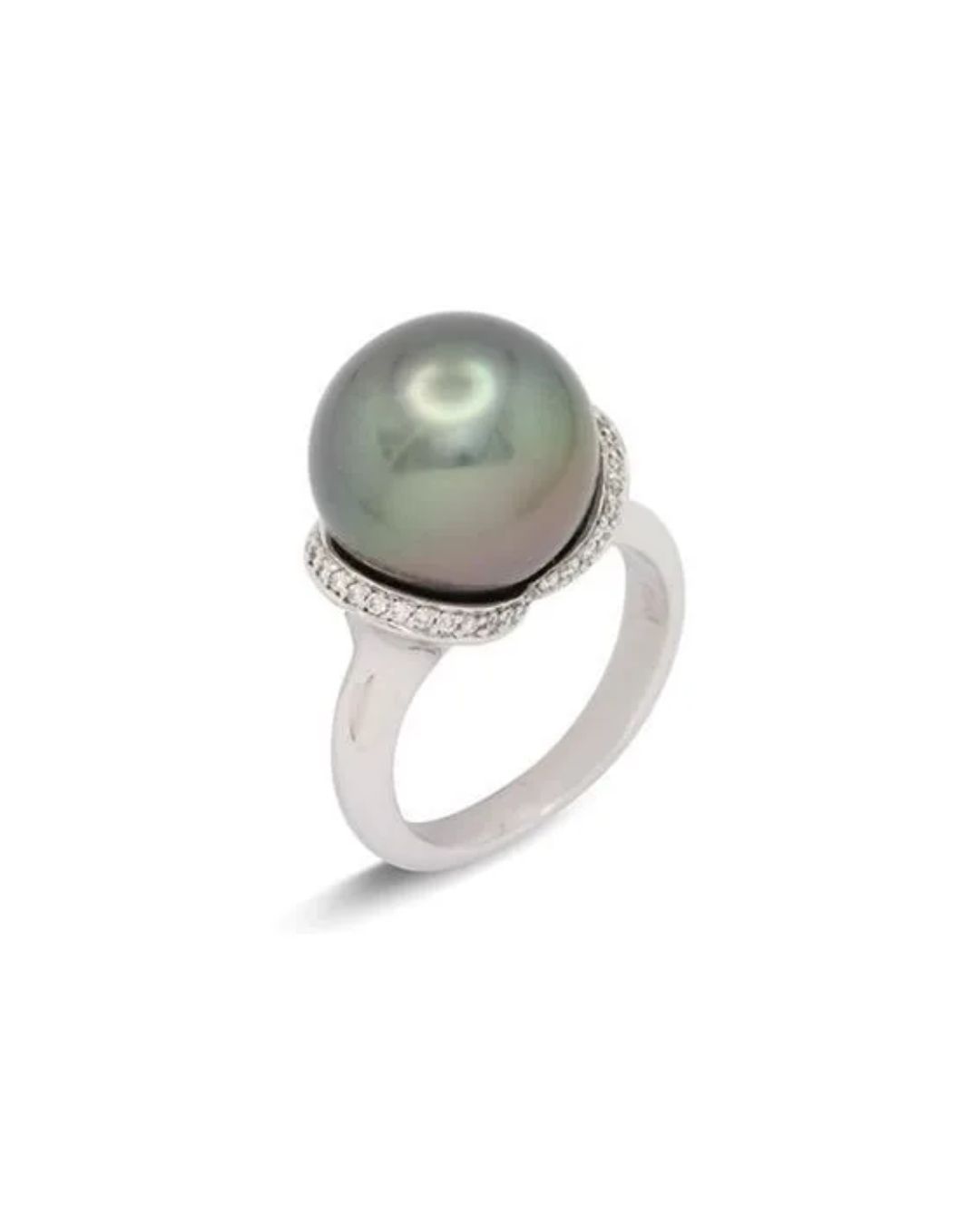 A dark, iridescent pearl ring with a silver band encrusted with small white diamonds.
