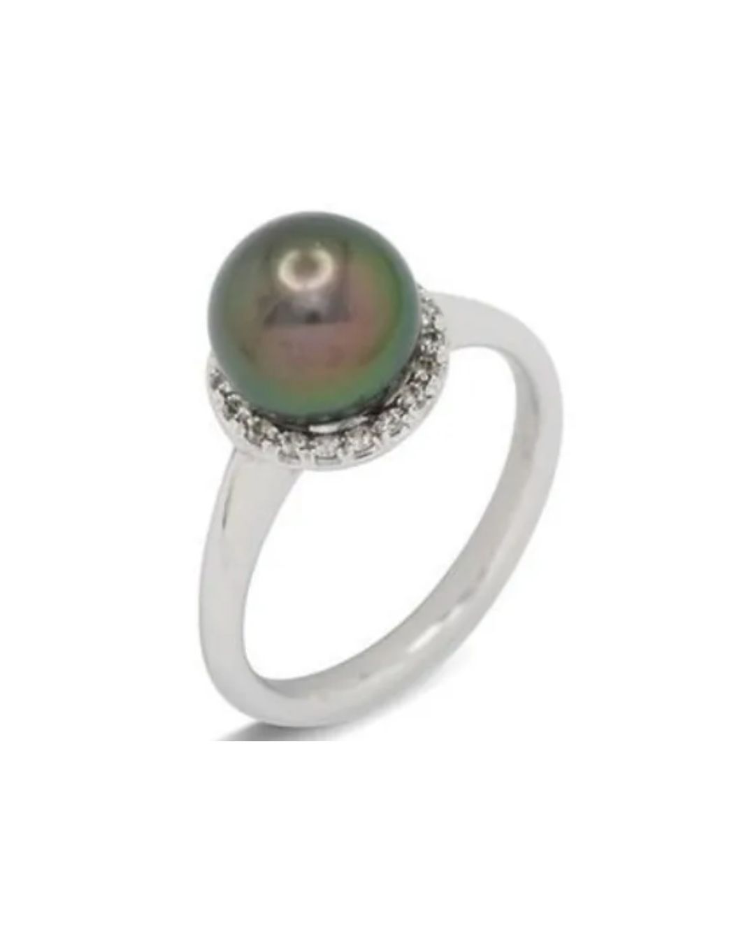 A dark gray pearl ring set in silver with a halo of small diamonds.