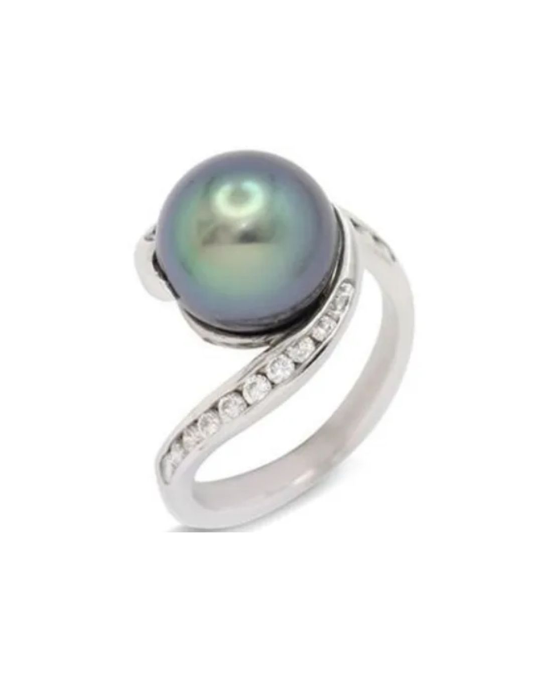 A silver ring featuring a dark grey pearl surrounded by a row of small, sparkling inset diamonds.