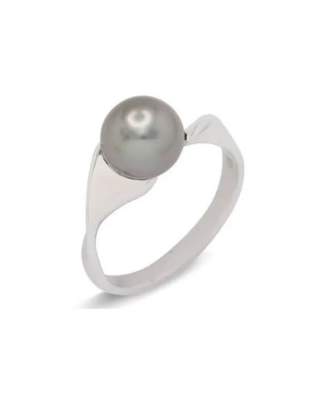 A polished silver ring featuring a single, smooth, grey pearl set on a sleek, minimalist band.