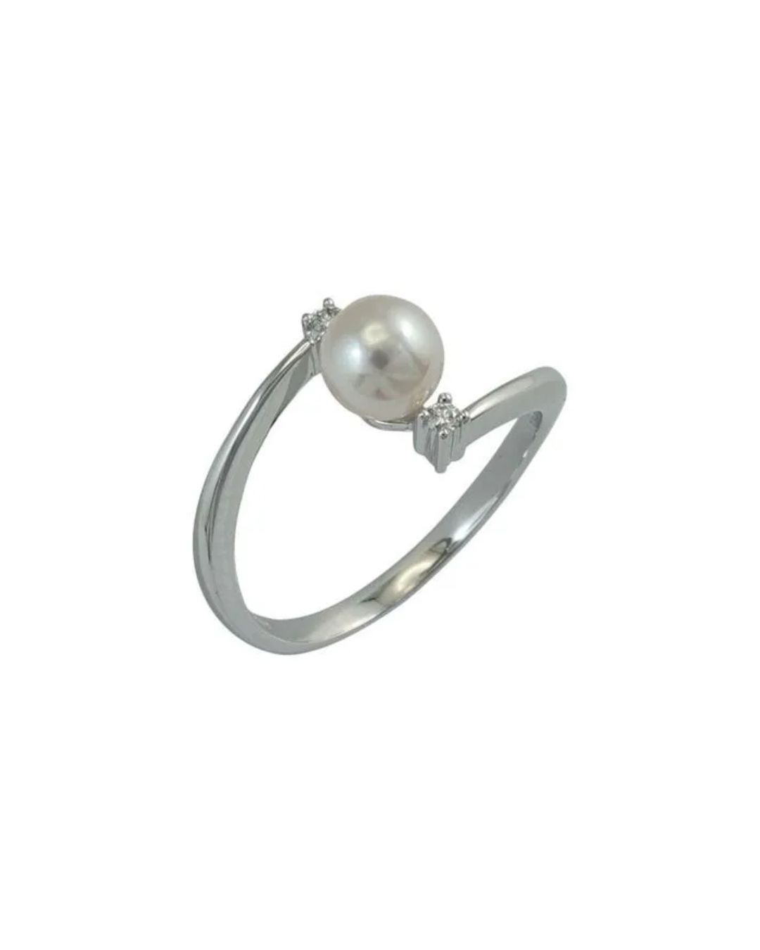 A silver bypass ring featuring a central white pearl accented by two small, sparkling stones on a polished band.