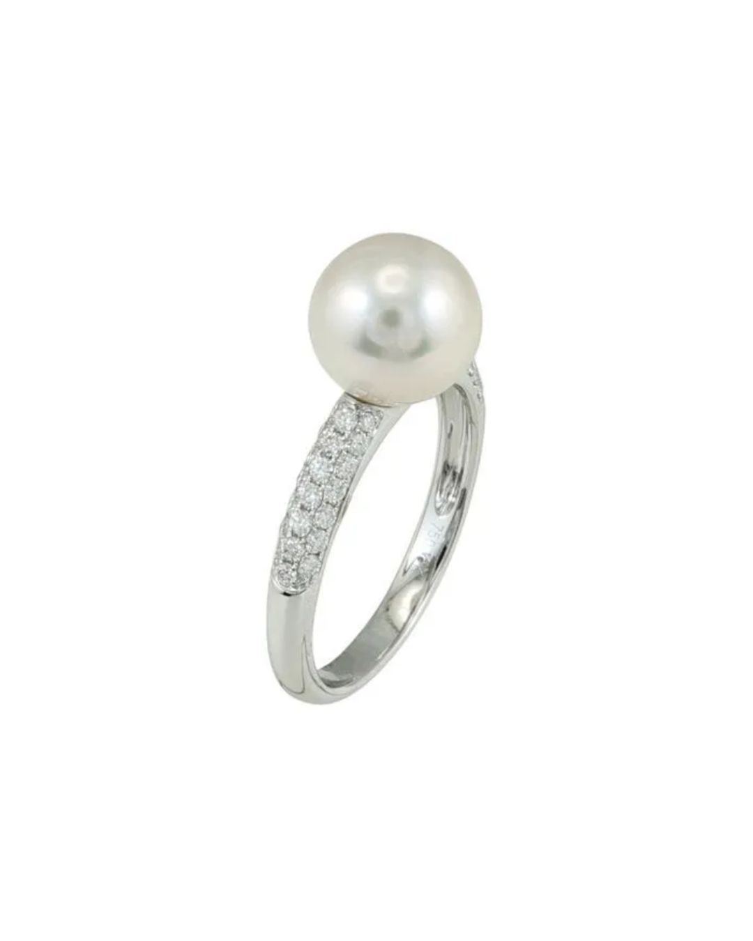 A silver ring featuring a single white pearl atop a band accented with two rows of small, pavé-set diamonds.