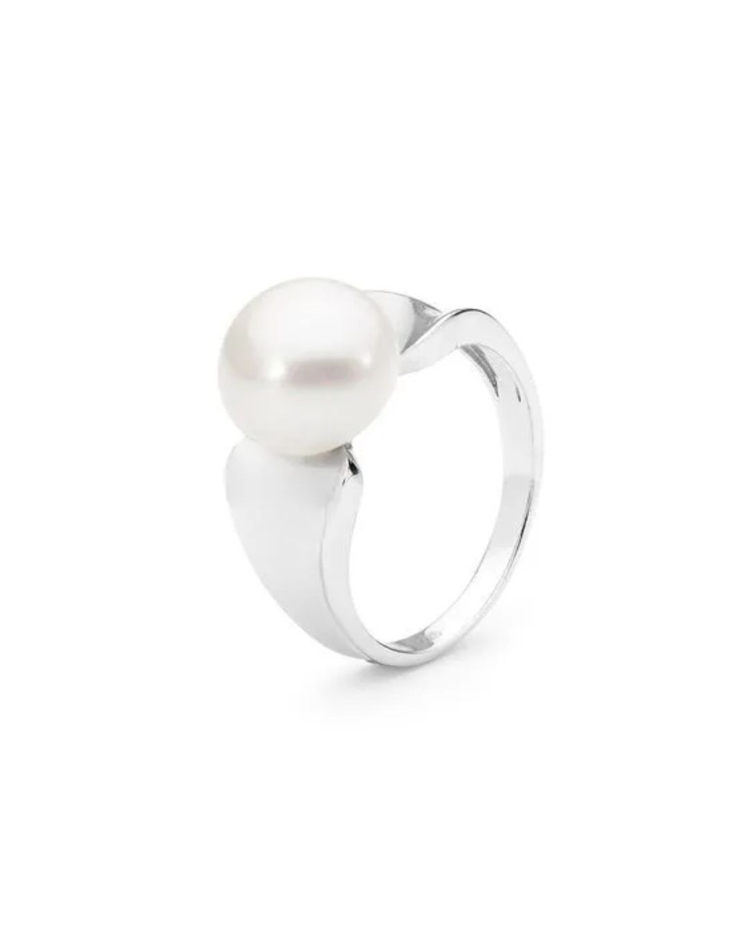 A sleek silver ring featuring a single, round, lustrous white pearl set on a polished, wide band.