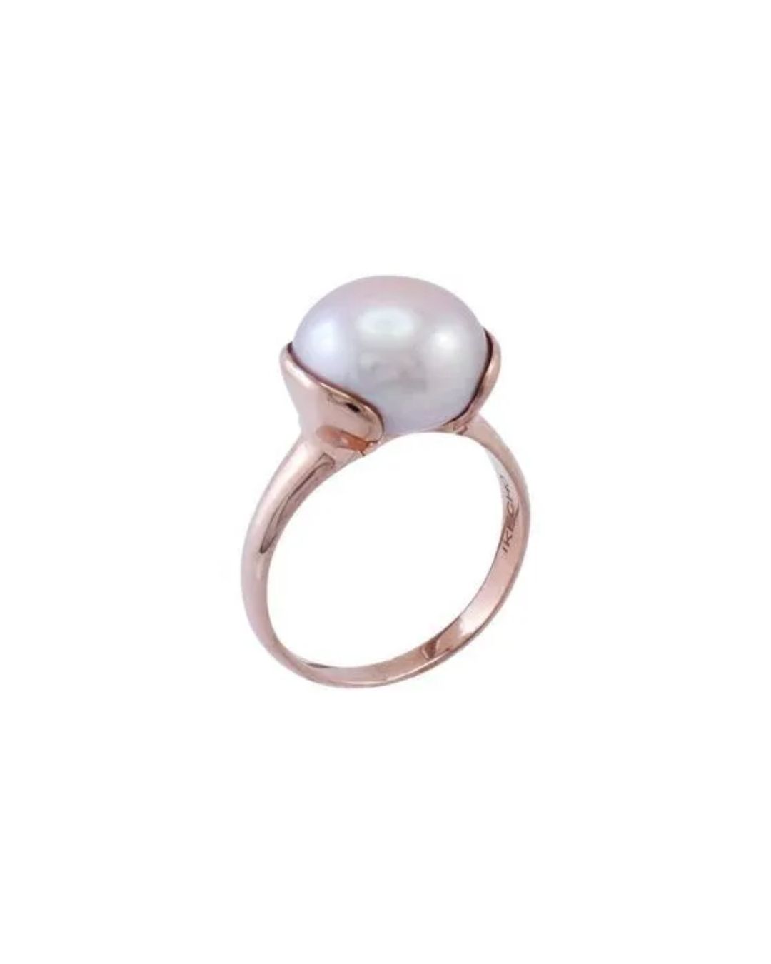 A rose gold ring featuring a single, large white pearl set between two smooth, petal-like prongs.