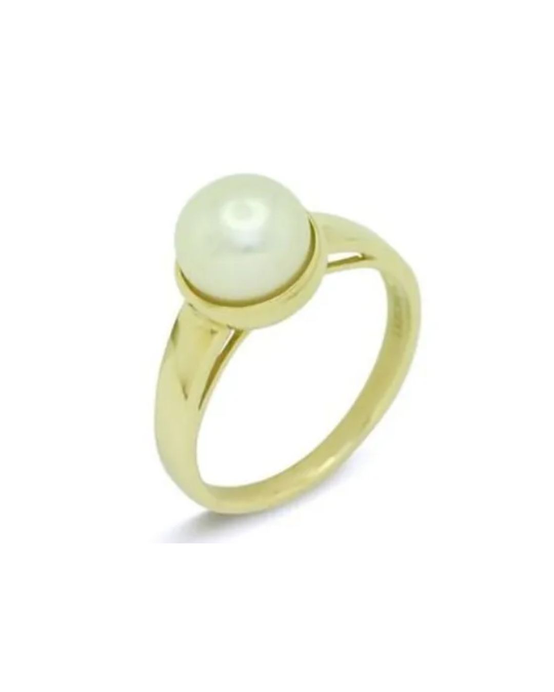 A gold ring with a single, smooth, round white pearl set in a polished yellow gold band.