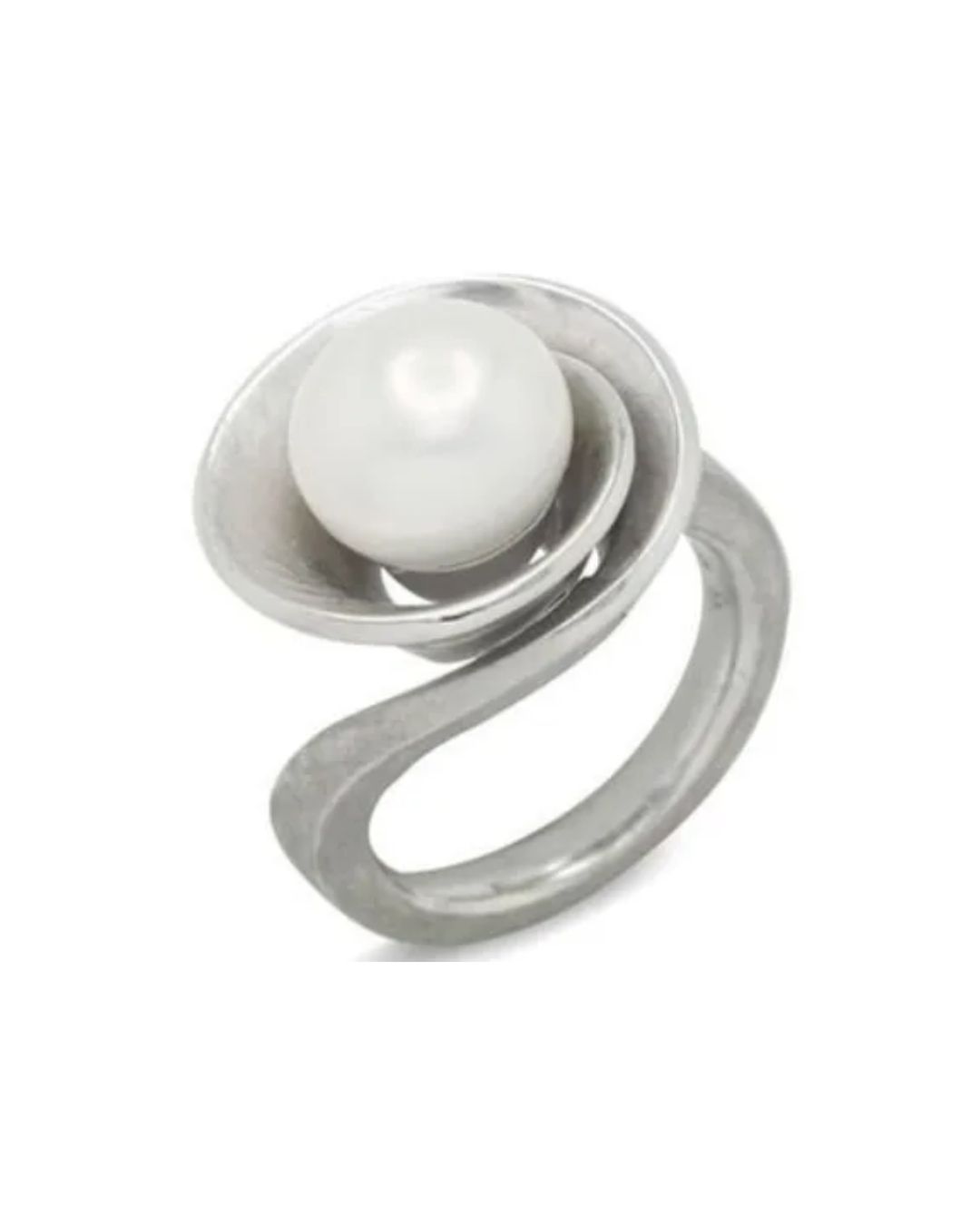 A silver ring with a spiral design, featuring a single, centered white pearl.