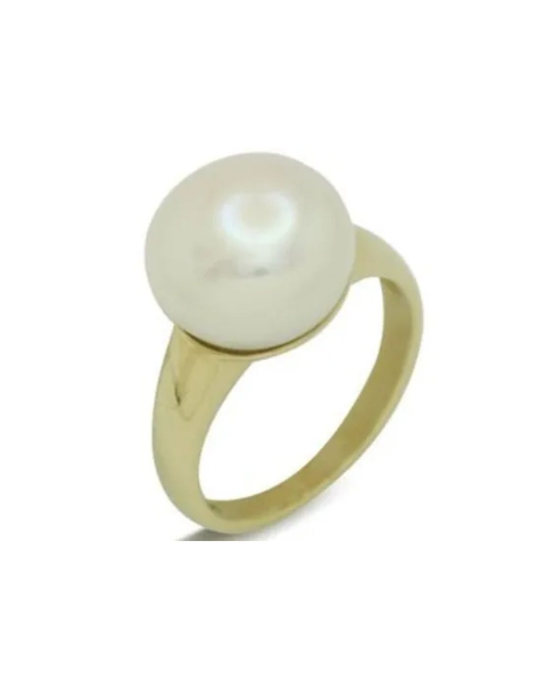 A smooth, round, white pearl set on a simple, polished gold band against a plain white background.