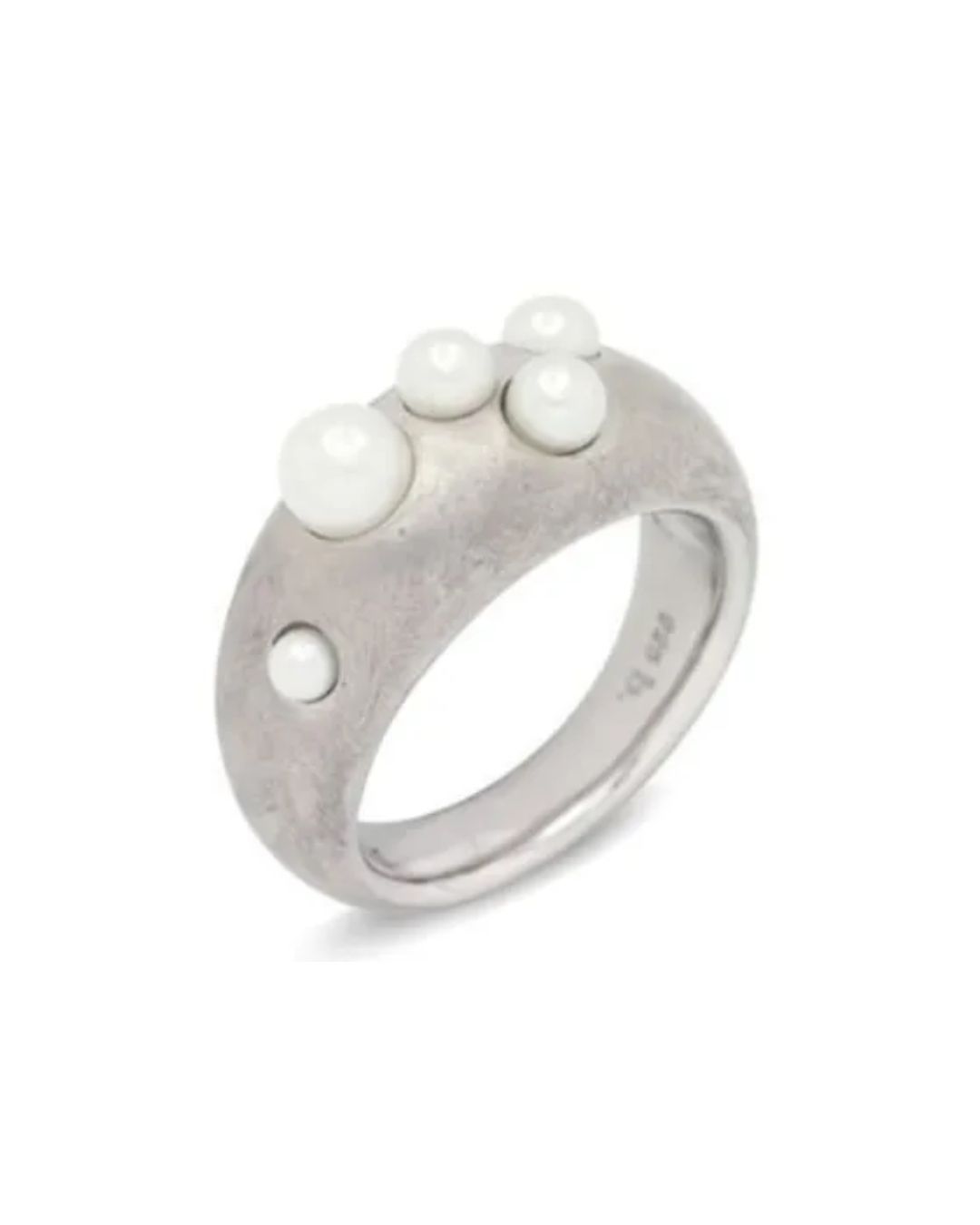 A matte silver ring featuring four white pearls of varying sizes set into the band, stamped with 