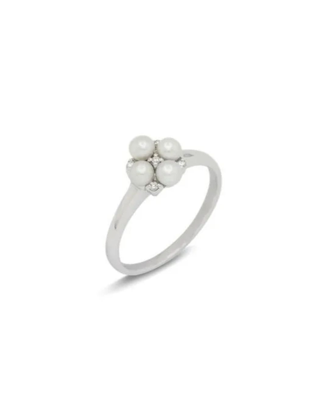 A silver ring featuring a cluster of four small white pearls arranged in a square shape with tiny diamonds in between.