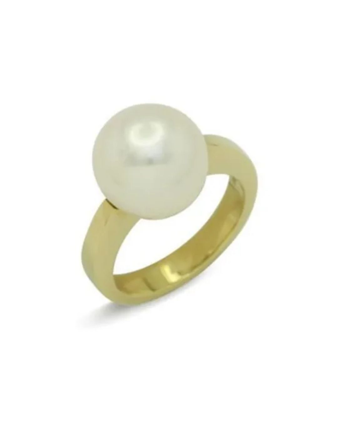 A polished gold ring featuring a single, smooth, white pearl centered on a thick gold band.