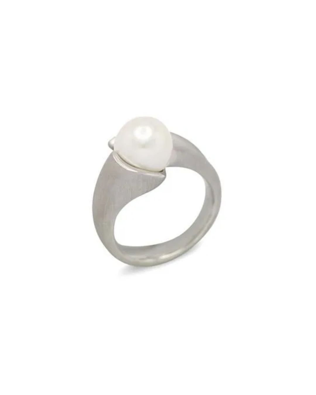 A minimalist ring featuring a round white pearl set in a brushed silver band.