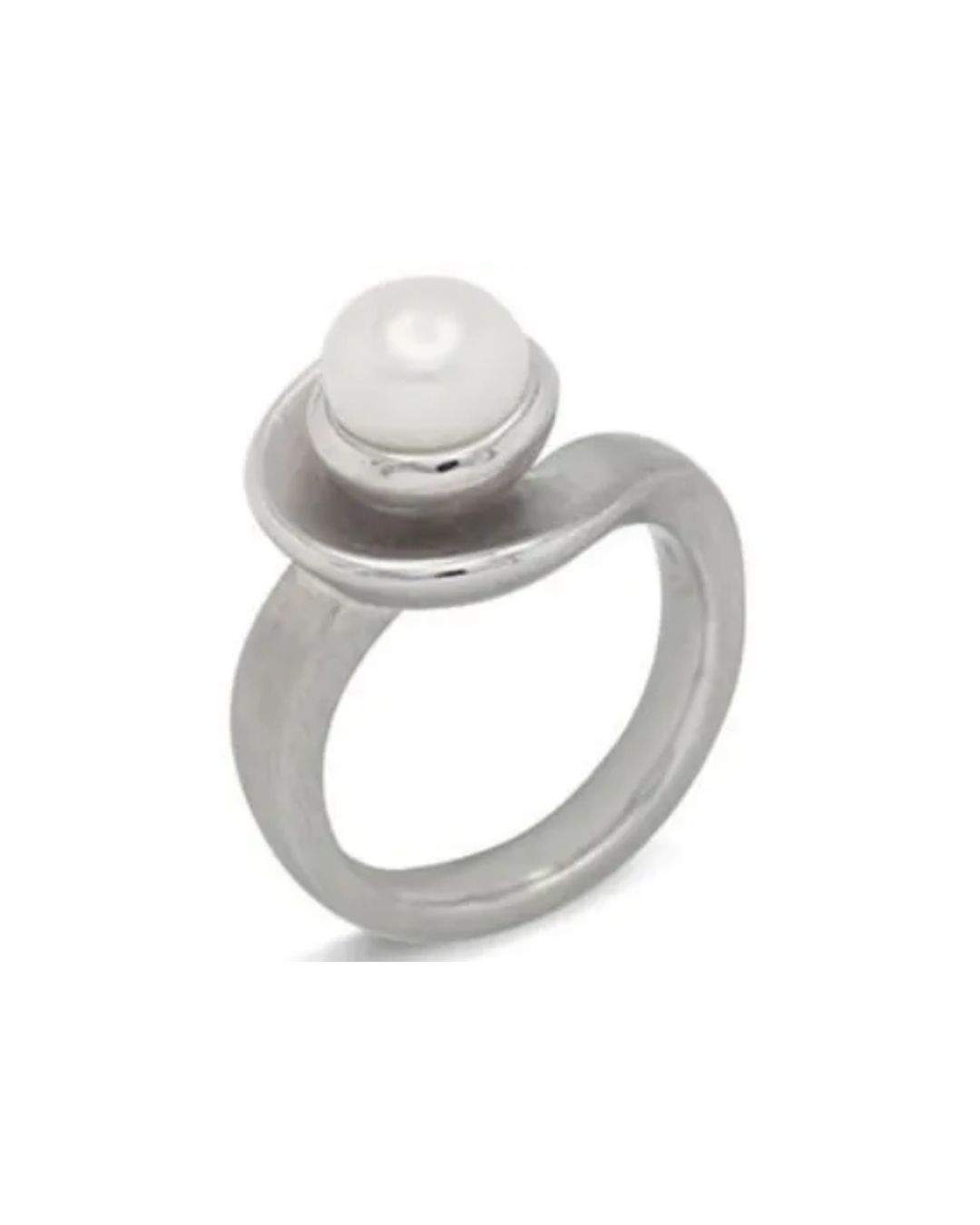 A silver ring with a matte finish, featuring a single white pearl set in a swirling, asymmetrical band.