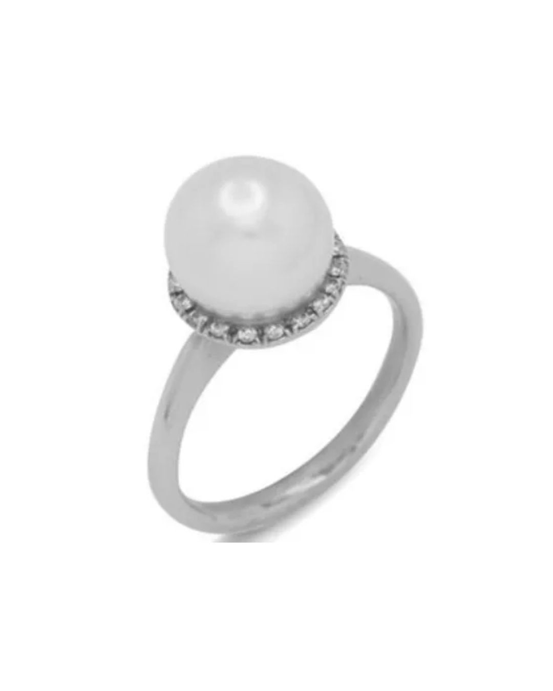 A silver ring featuring a large, central white pearl surrounded by a delicate halo of small, sparkling diamonds.