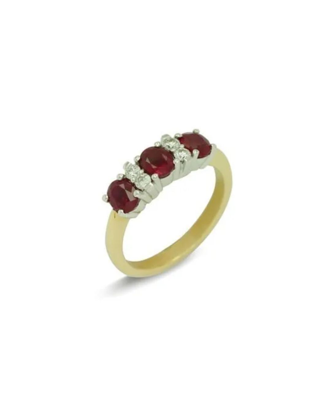 A gold band ring featuring three oval-cut red rubies separated by two small round diamonds in a white metal setting.