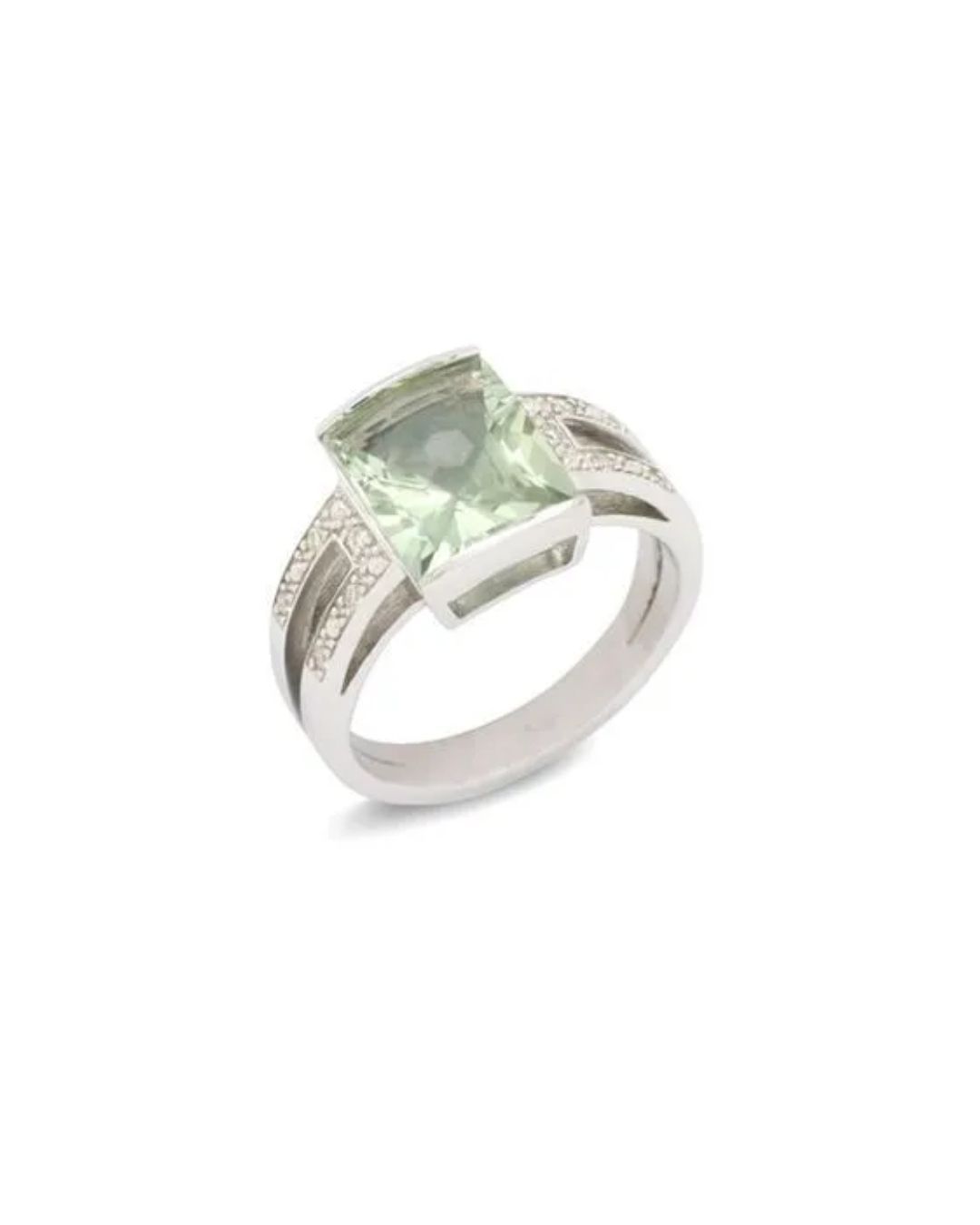 A silver ring featuring a large, rectangular-cut, pale green gemstone flanked by small diamonds on a split band.
