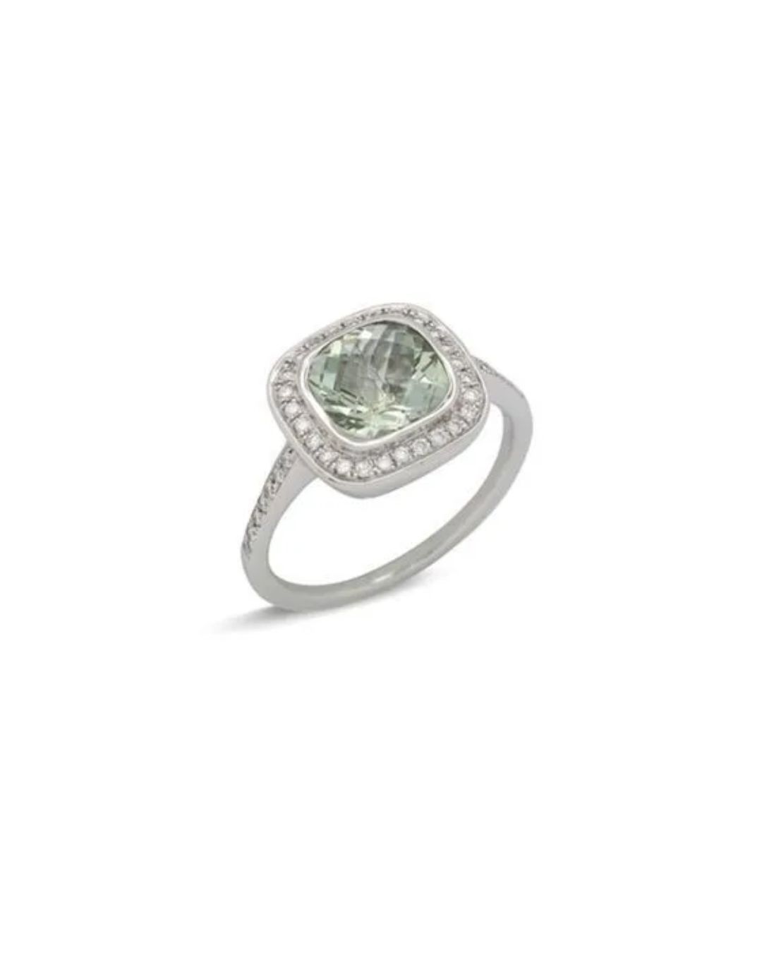 A silver ring featuring a pale green, cushion-cut center stone surrounded by a halo and band of small diamonds.
