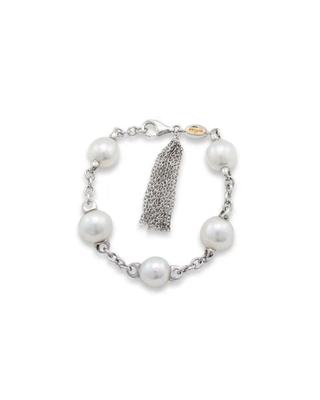A silver chain link bracelet featuring five large white pearls and a delicate silver tassel hanging from the clasp.