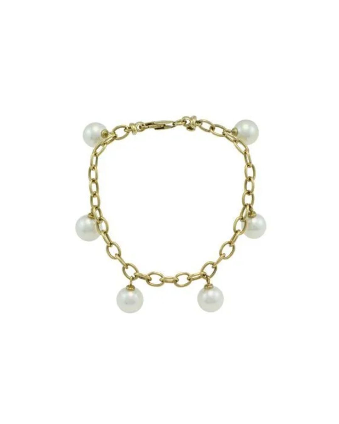 A gold link chain bracelet featuring five evenly spaced, dangling white pearls against a plain white background.