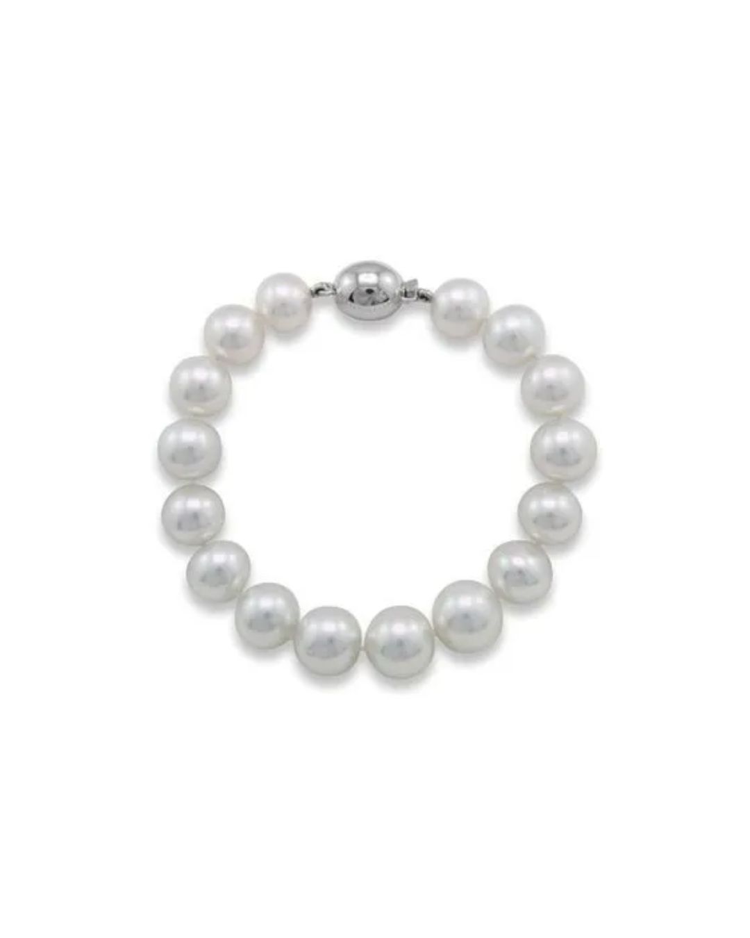 A white pearl bracelet with a round silver clasp, arranged in a circle against a white background.