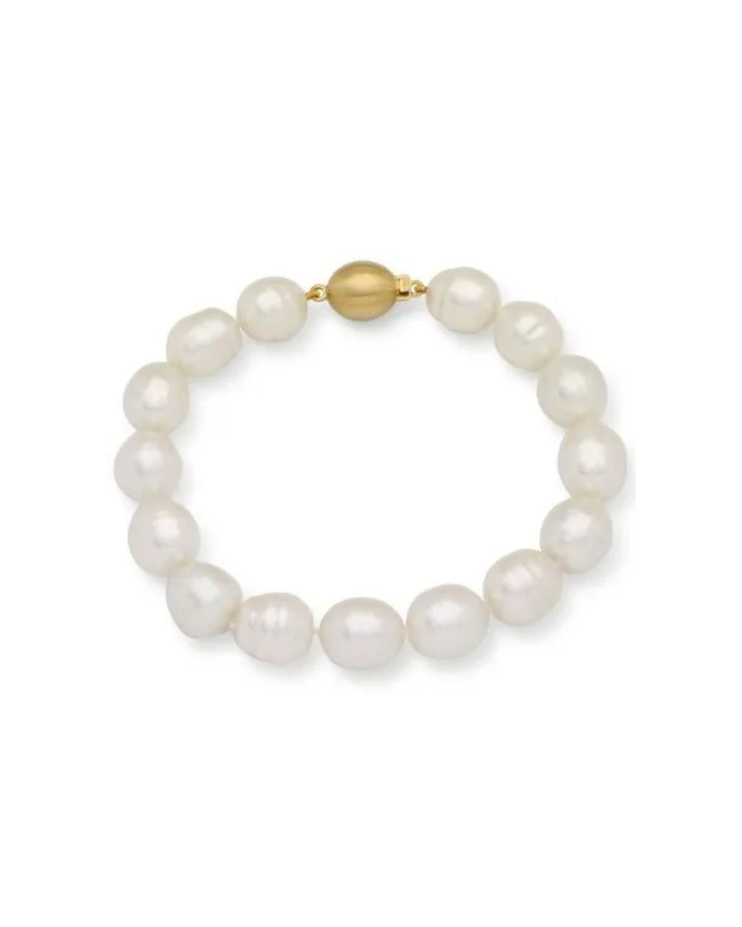 A bracelet of white, slightly irregular freshwater pearls joined by a brushed gold spherical clasp on a white background.