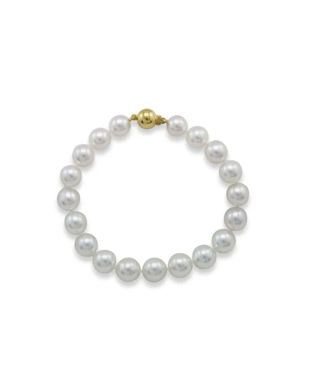 A single strand of white, lustrous pearls arranged in a circle, fastened with a polished gold clasp at the top.