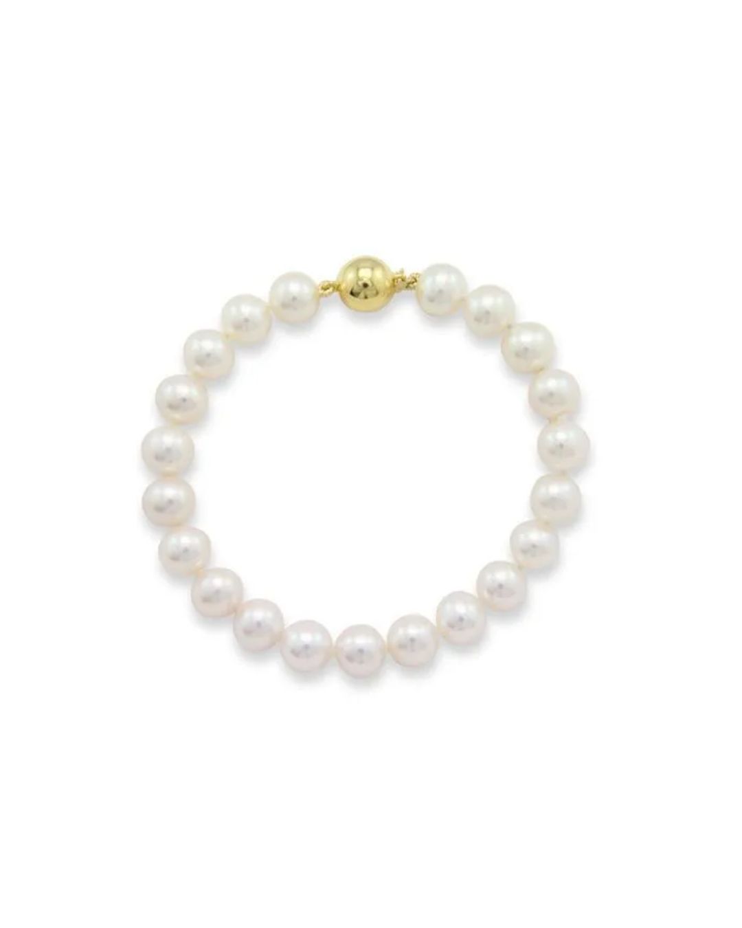 A circular strand of white pearls with a round, gold-toned metal clasp against a white background.