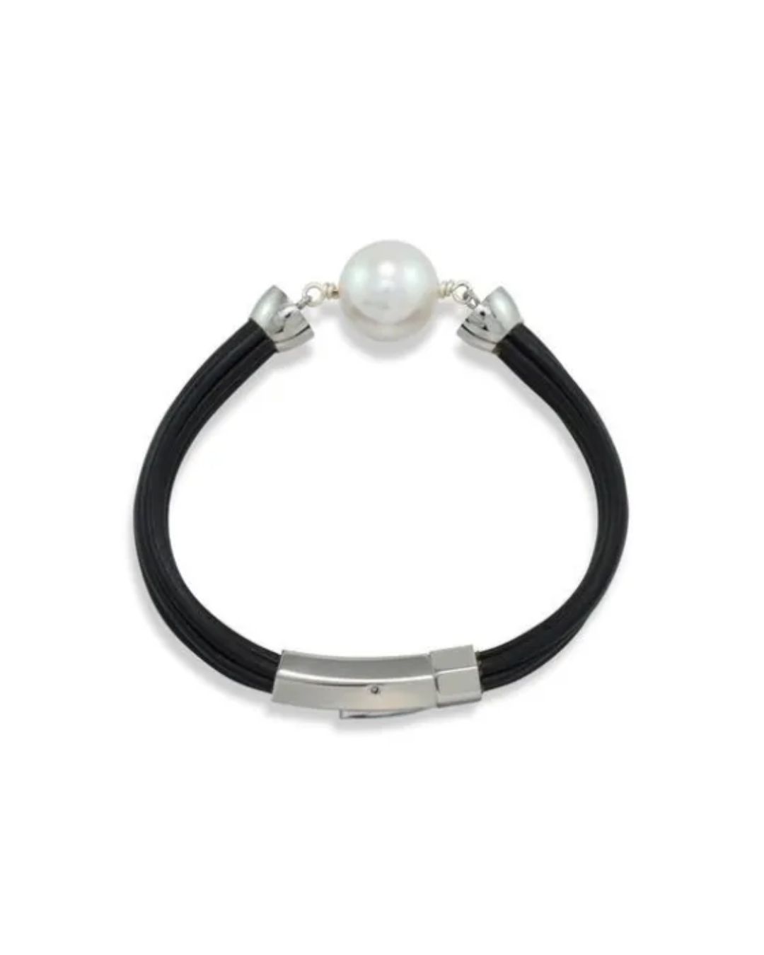 A black multi-strand bracelet featuring a large white pearl center and a polished silver clasp on a white background.