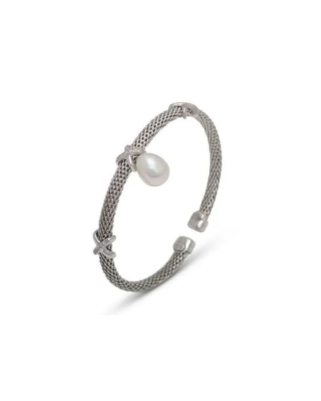 A silver-toned mesh cuff bracelet featuring two decorative X-shaped accents and a single dangling pear-shaped white pearl.