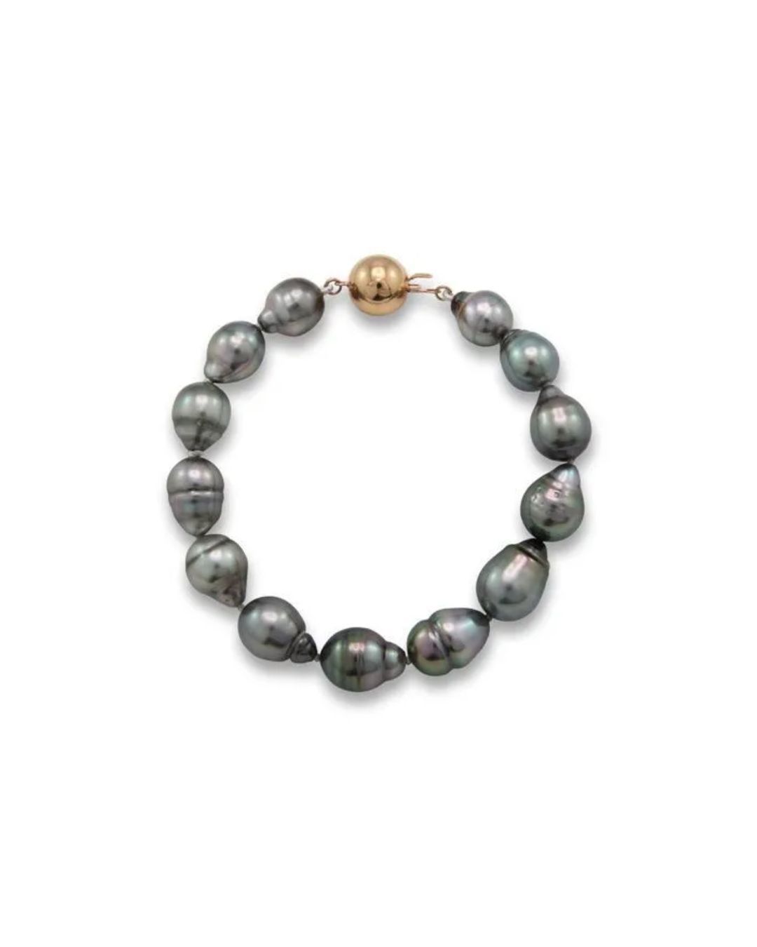 A bracelet of dark, irregular Tahitian pearls with a polished gold spherical clasp, isolated on a white background.