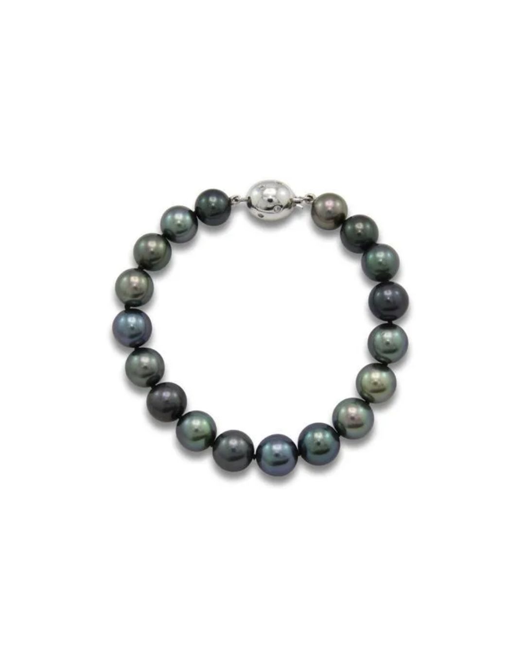A circular string of dark, lustrous pearls connected by a small, spherical silver clasp.