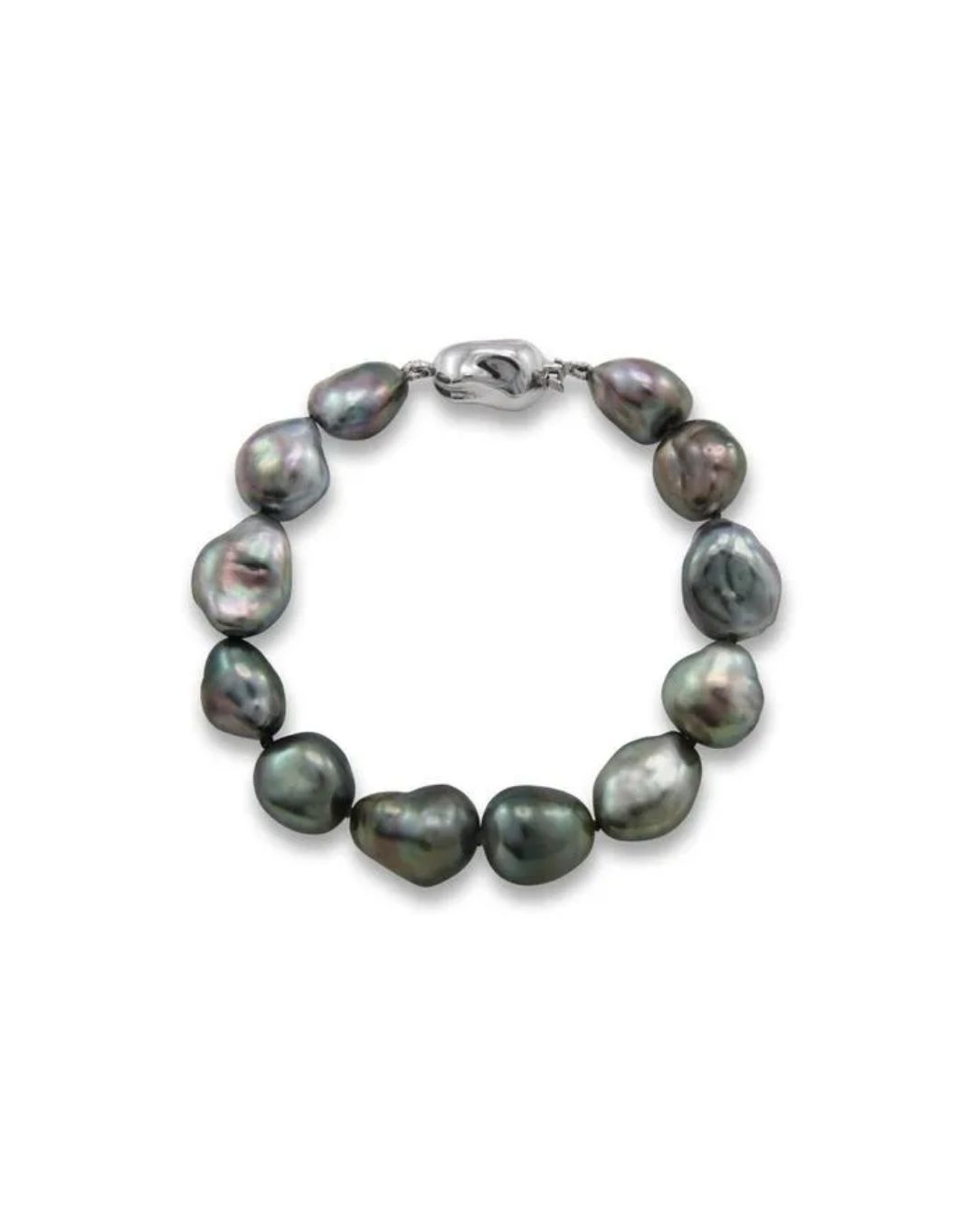 A bracelet made of large, irregularly shaped, dark grey pearls connected by a silver clasp.