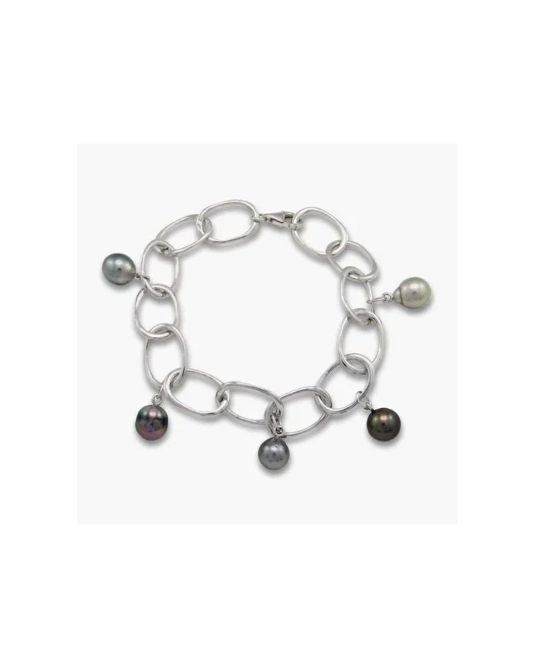 A silver chain-link bracelet with five varied colored pearl charms dangling from the links against a white background.