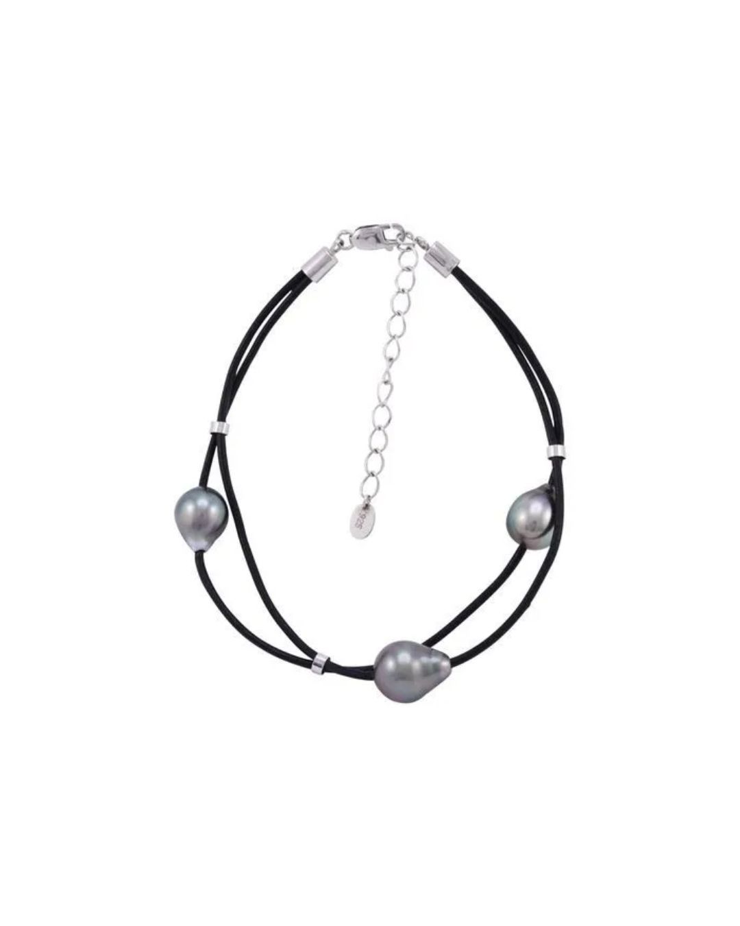 A black cord double-strand bracelet with three grey, teardrop-shaped pearls and a silver lobster clasp with an extender.