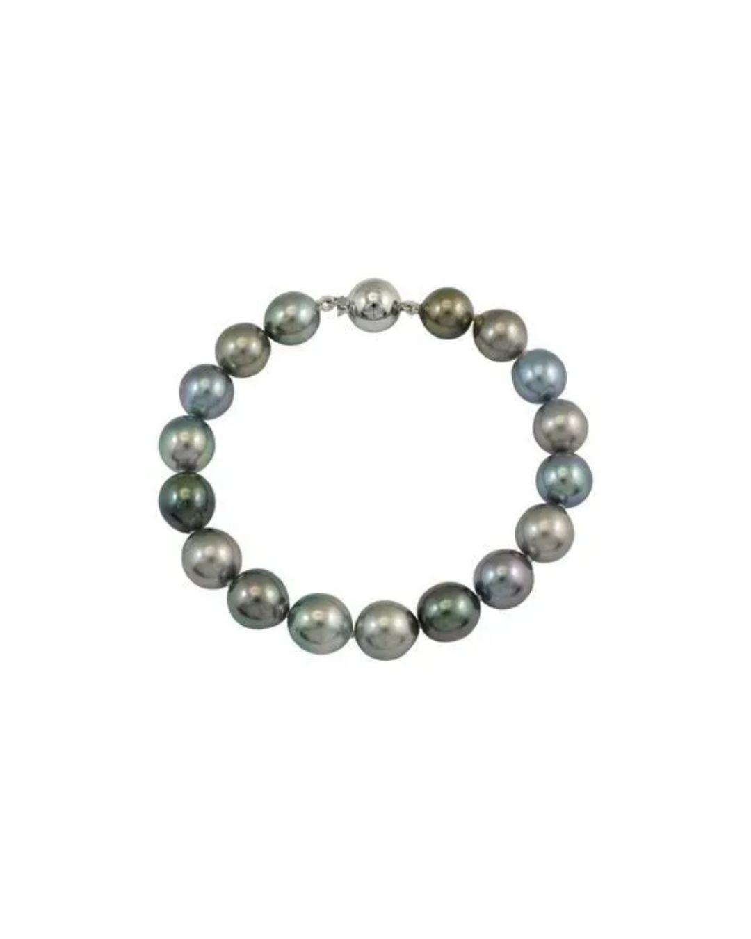 A circular bracelet of iridescent dark gray pearls with a polished silver clasp centered at the top.