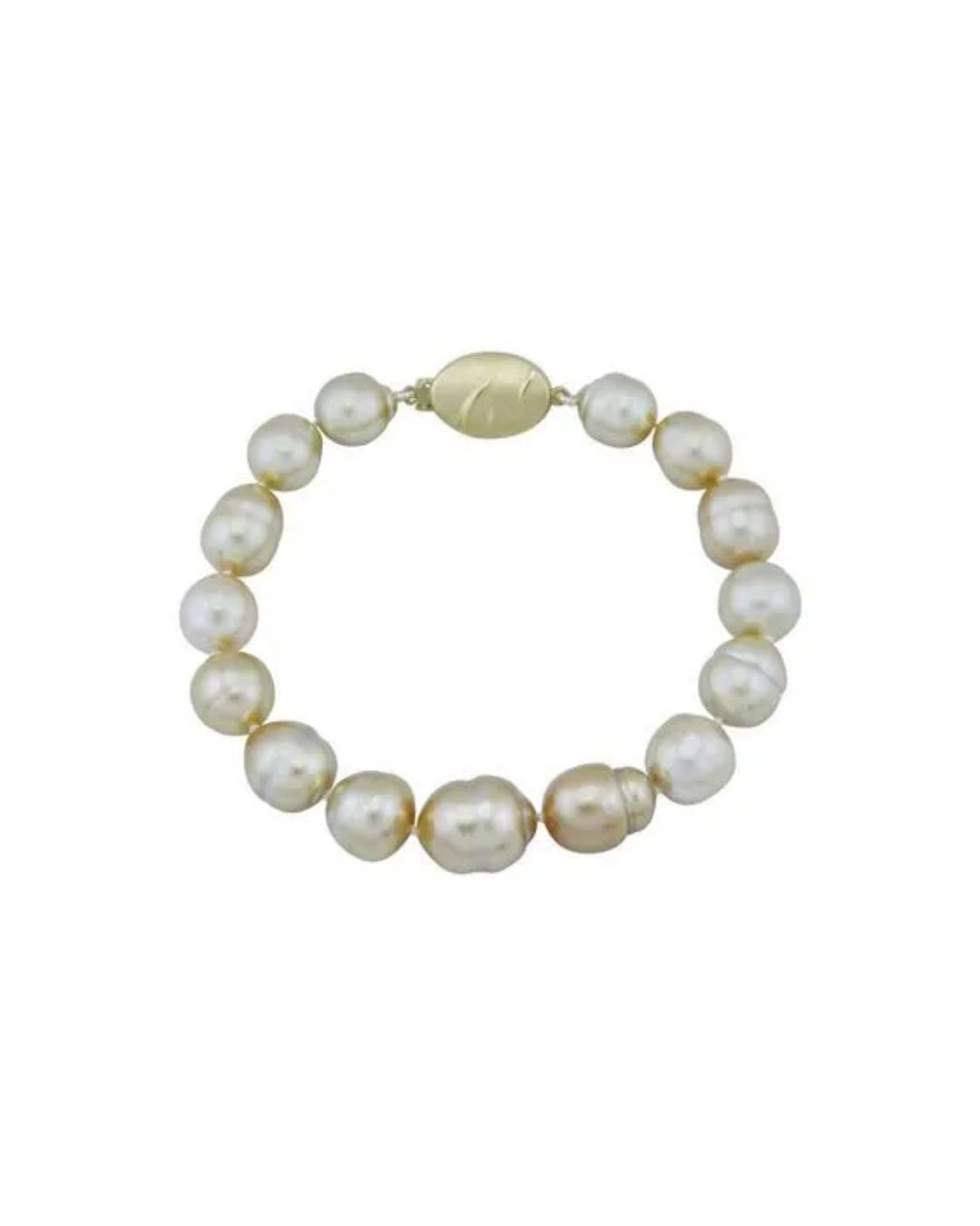 A pearl bracelet featuring irregular, off-white baroque pearls and an oval, textured gold-toned clasp.