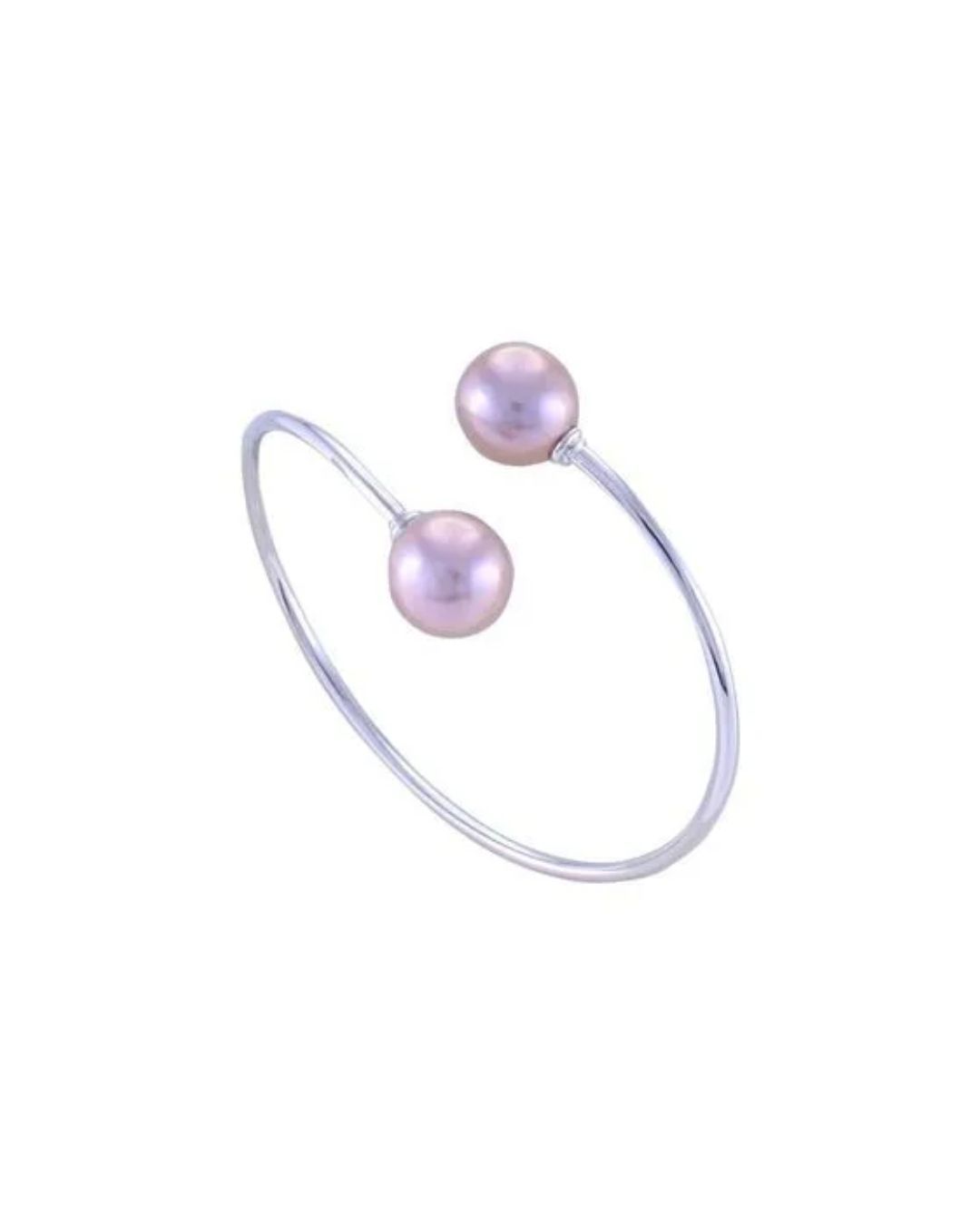 An open cuff bracelet made of silver metal, featuring a pale pink pearl at each of its two ends.
