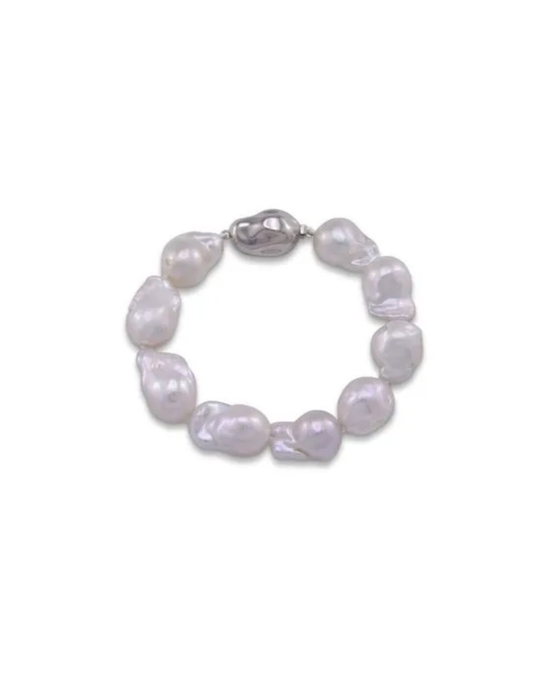 A bracelet made of irregularly shaped, white baroque pearls arranged in a circle against a white background.