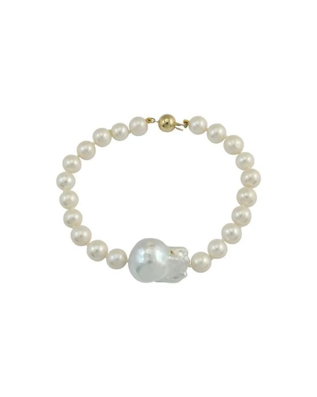 A bracelet made of round white pearls with a single large, irregularly shaped baroque pearl at the center.