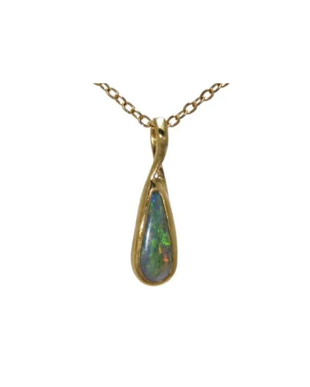 A gold teardrop-shaped pendant featuring an iridescent dark opal stone, suspended on a fine gold chain.
