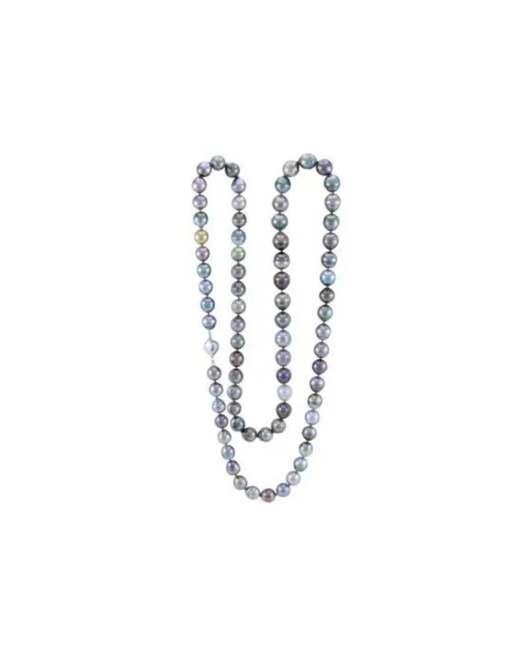 A long strand of iridescent, multi-colored pearl beads arranged in a loop against a white background.